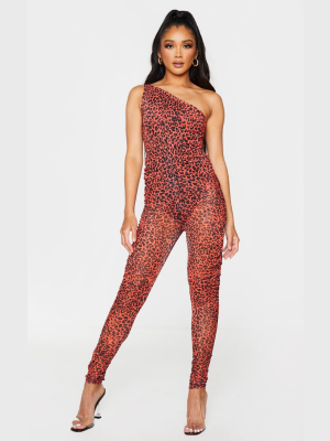 Red Leopard Print One Shoulder Ruched Mesh...