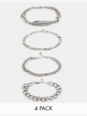 Asos Design Chunky Chain Bracelet Pack With Feather Charm In Silver Tone