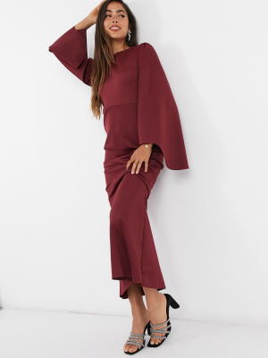 Asos Design Fluted Long Sleeve Maxi Dress In Mink