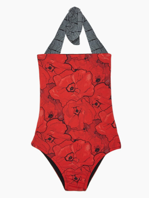 Layla Open Back One Piece Swimsuit (kids) - Red Poppies Print