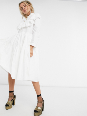 Sister Jane Midi Shirt Dress With Tiered Skirt And Broderie Collar In Cotton