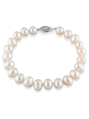 8mm Cultured Freshwater Pearl Strung Bracelet With Fisheye Clasp In Sterling Silver - 7.25" - White