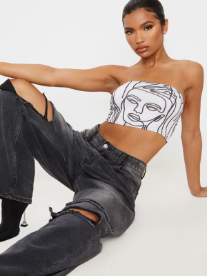 White Abstract Faces Print Bandeau Crop Top