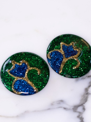 Vintage Statement Earrings, Green, Gold, And Blue Glitter Lucite, Clip-on