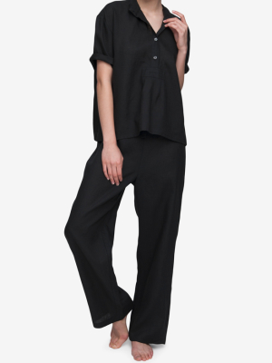 Set - Short Sleeve Cropped Sleep Shirt And Lounge Pant Black Linen