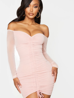 Shape Dusty Rose Mesh Ruched Bardot Bodycon Dress