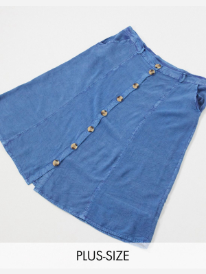 Wednesday's Girl Curve Midi Skirt With Faux Horn Buttons In Denim