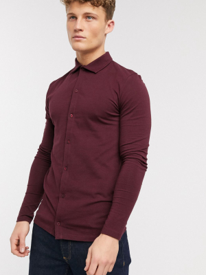 Asos Design Organic Muscle Fit Long Sleeve Jersey Shirt In Burgundy