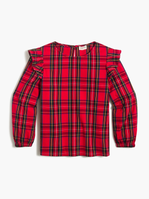 Girls' Tartan Ruffle-shoulder Top