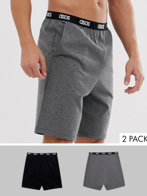 Asos Design 2 Pack Lounge Short In Black And Charcoal Marl With Branded Waistband Save