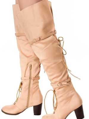 Kendall Beige Dual Lace Up Dual Strap Over The Knee Boot