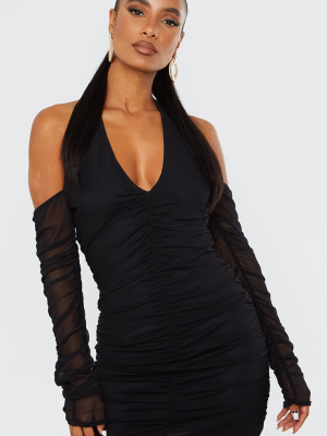 Black Halterneck Long Sleeve Mesh Ruched...