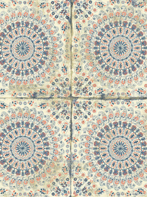 Mandala Boho Tile Wallpaper In Coral, Cream, And Midnight Blue From The Boho Rhapsody Collection By Seabrook Wallcoverings