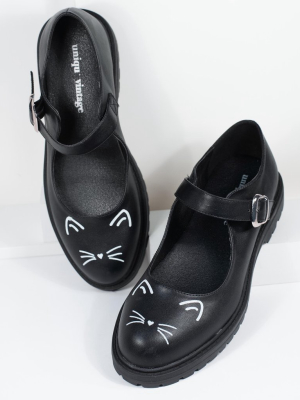 Unique Vintage Black Leatherette Cat Mary Jane Flats