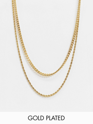 Asos Design 2-pack Of 14k Gold Plated Necklaces In 4mm Curb And Rope Chain