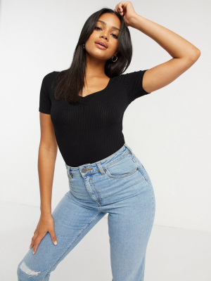 Asos Design Sweetheart Neck Ruched Front Bodysuit In Black