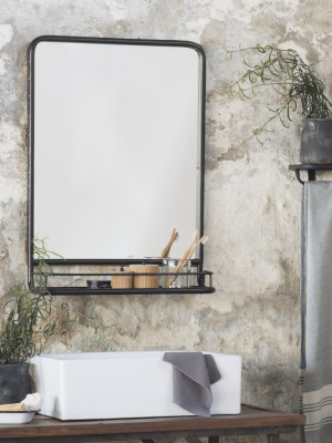 Large Black Distressed Industrial Mirror With Shelf