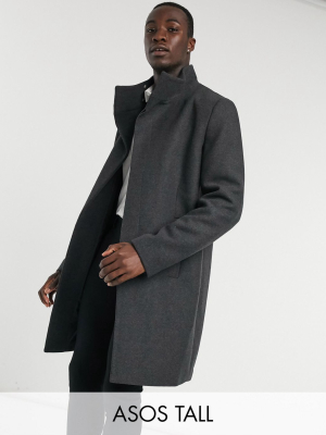 Asos Design Tall Wool Mix Overcoat With Funnel Neck In Charcoal