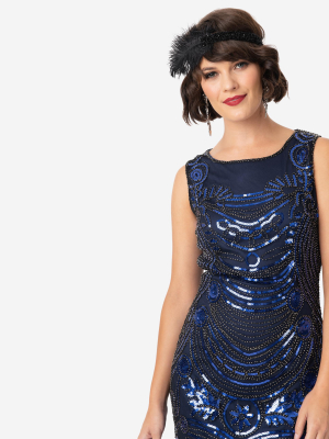 Unique Vintage 1920s Black & Blue Beaded Yvette Fringe Cocktail Dress