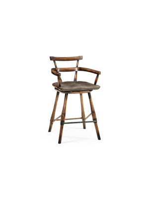 Oak Bar Stool With Studded Leather Seat