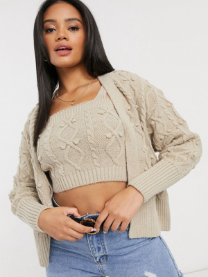 River Island Cable Knit Bralet And Cardi Set In Beige