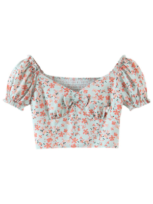 'audrey' Floral Puff Sleeves Ruched Top With Bow