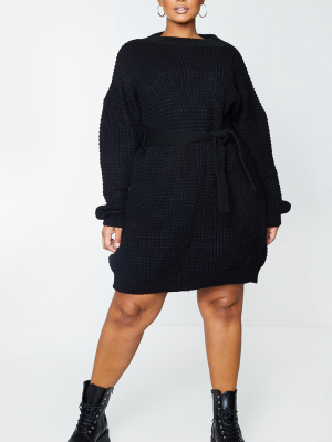 Plus Black Soft Touch Belted Knitted Jumper Dress