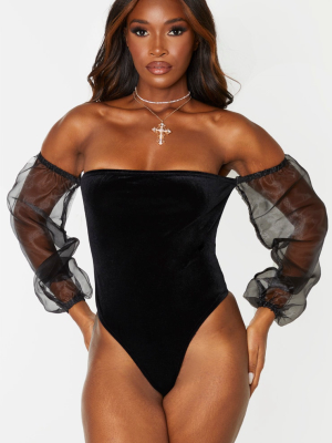 Black Velvet Sheer Puff Sleeve Bardot Bodysuit