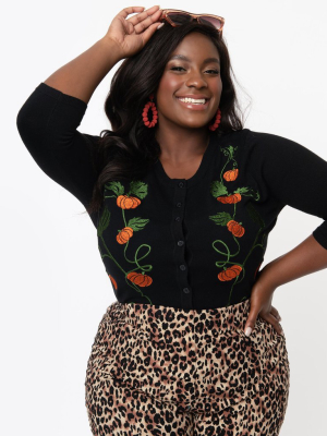 Unique Vintage Plus Size 1950s Black & Pumpkin Embroidered Bookworm Cardigan