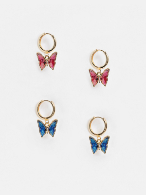 Asos Design Pack Of 2 Hoop Earrings With Pink And Blue Butterfly Charms