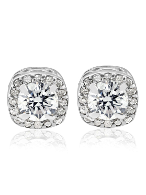 Pompeii3 3/4ct Round Diamond Cushion Halo Studs 14k White Gold