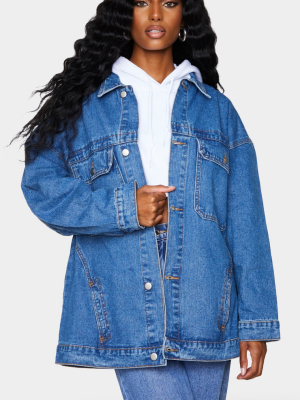 Mid Wash Oversized Pocket Detail Denim Shacket