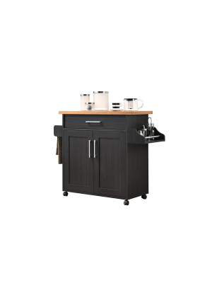 Hodedah Wheeled Kitchen Island With Spice Rack And Towel Holder, Black/beech