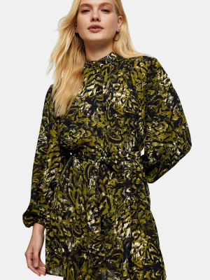 Green Leopard Print Frill Shirt Dress