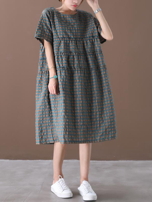 Plus Size - Summer Plaid Round Neck Cotton Linen Midi Dress
