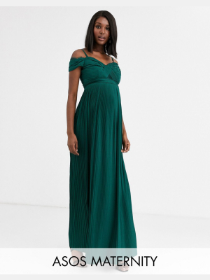 Asos Design Maternity Lace And Pleat Off-the-shoulder Maxi Dress In Forest Green