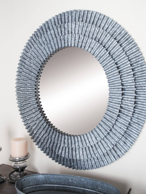 37" Modern Round Iron Framed Wall Mirror With Corrugated Design Gray - Olivia & May