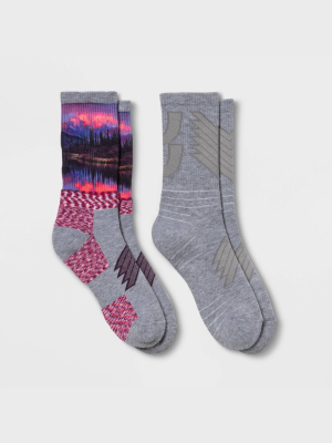 Women's Midweight Cushioned Scenic Print 2pk Crew Socks - All In Motion™ Heather Gray/purple/pink 4-10