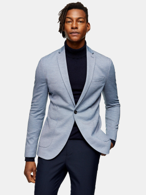 Blue Skinny Fit Single Breasted Jersey Blazer With Notch Lapels