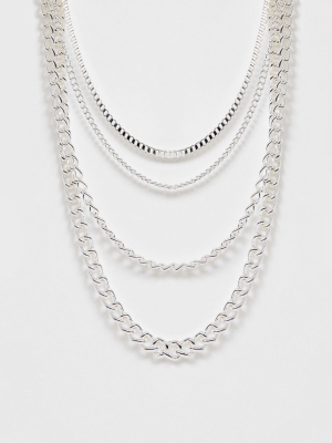 Asos Design Short Layered Neckchain Pack In Silver Tone