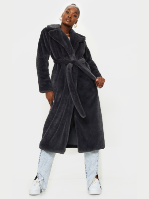 Tall Grey Belted Faux Fur Coat