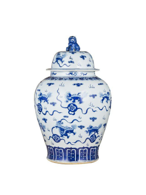 Playing Foo Dog Temple Jar Lion Lid Xl, Blue And White