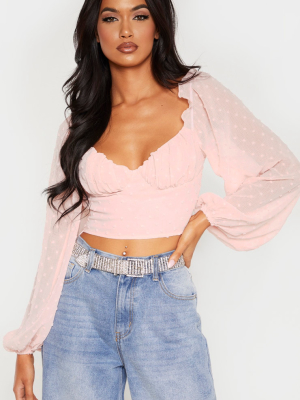 Rose Dobby Mesh Cup Detail Long Sleeve Crop Top