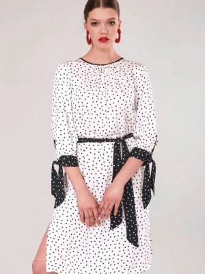 White Polka Dot Bow Cuffs Gathered Dress