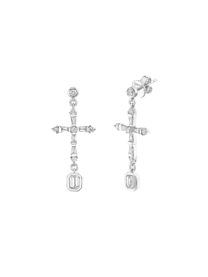 Cross Diamond Drop Earrings - White Gold