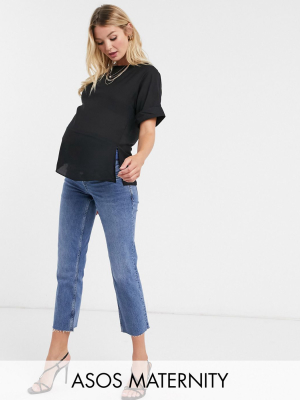 Asos Design Maternity Oversized Woven Tee With Roll Sleeve In Black