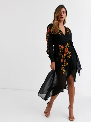 Asos Design Wrap Front Midi Dress With Embroidery In Black