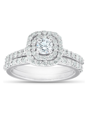 Pompeii3 1 1/10ct Cushion Halo Diamond Halo Engagement Wedding Ring Set 14k White Gold - Size 4.5