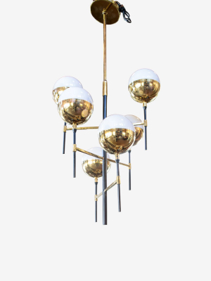 1950's Light Fixture In The Style Of Stilnovo With Brass And Six Glass Globes