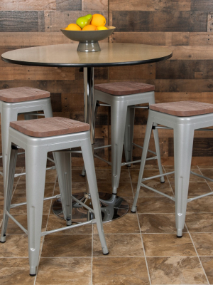 Flash Furniture 24" High Metal Counter-height, Indoor Bar Stool With Wood Seat - Stackable Set Of 4